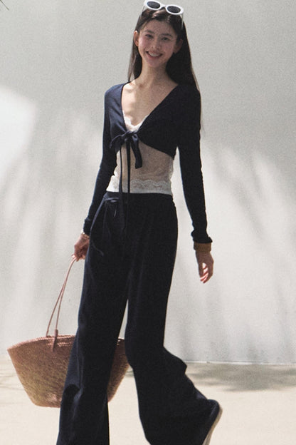 Lace-Up Top &amp; Wide Leg Pants Set-Up