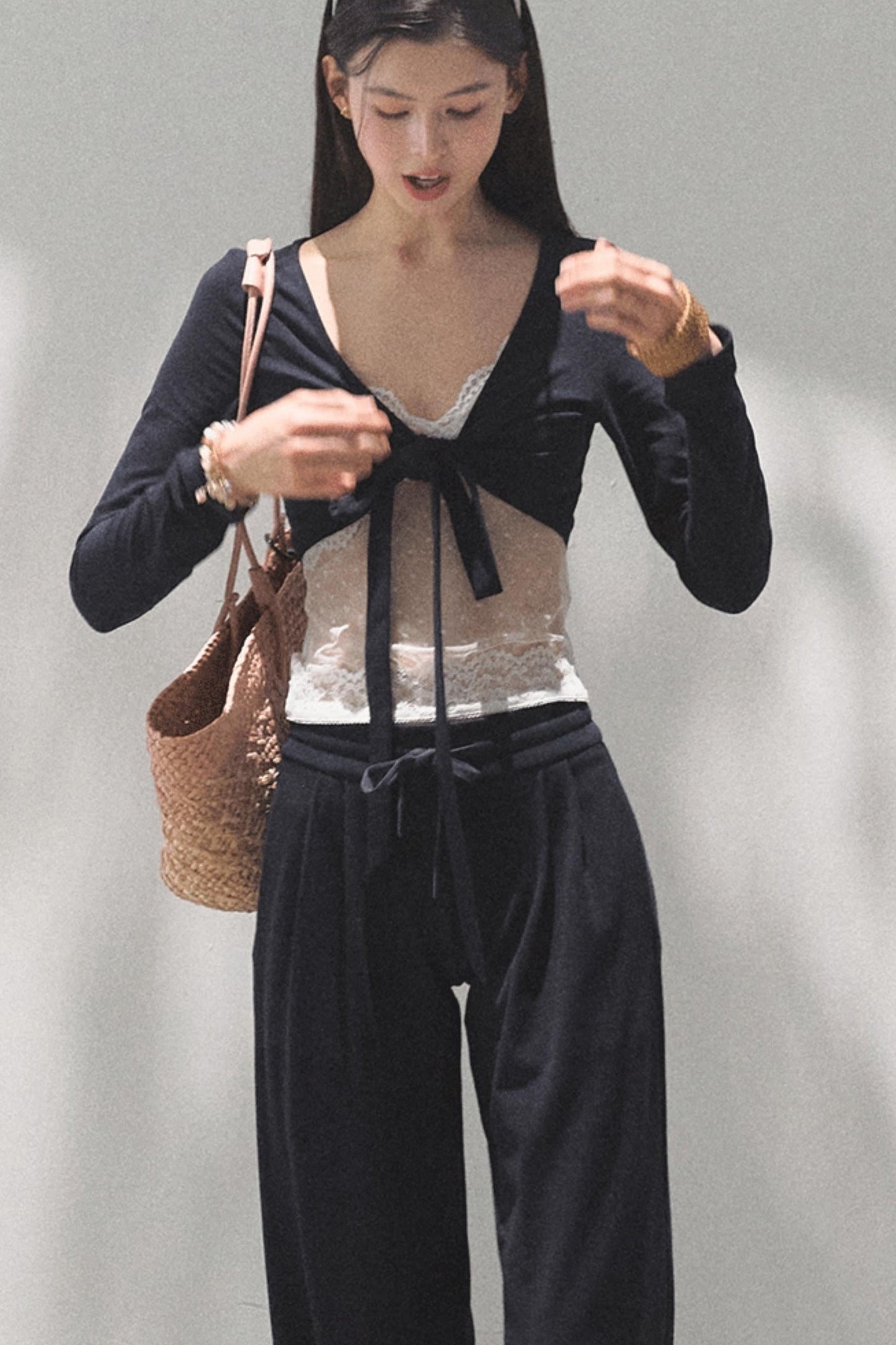 Lace-Up Top &amp; Wide Leg Pants Set-Up