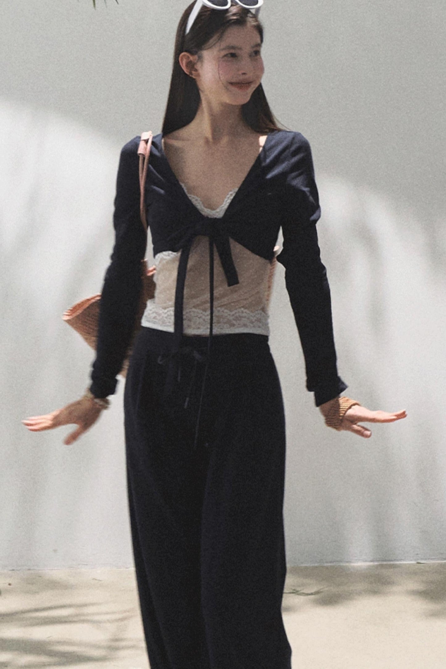 Lace-Up Top &amp; Wide Leg Pants Set-Up