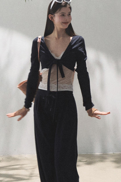 Lace-Up Top &amp; Wide Leg Pants Set-Up