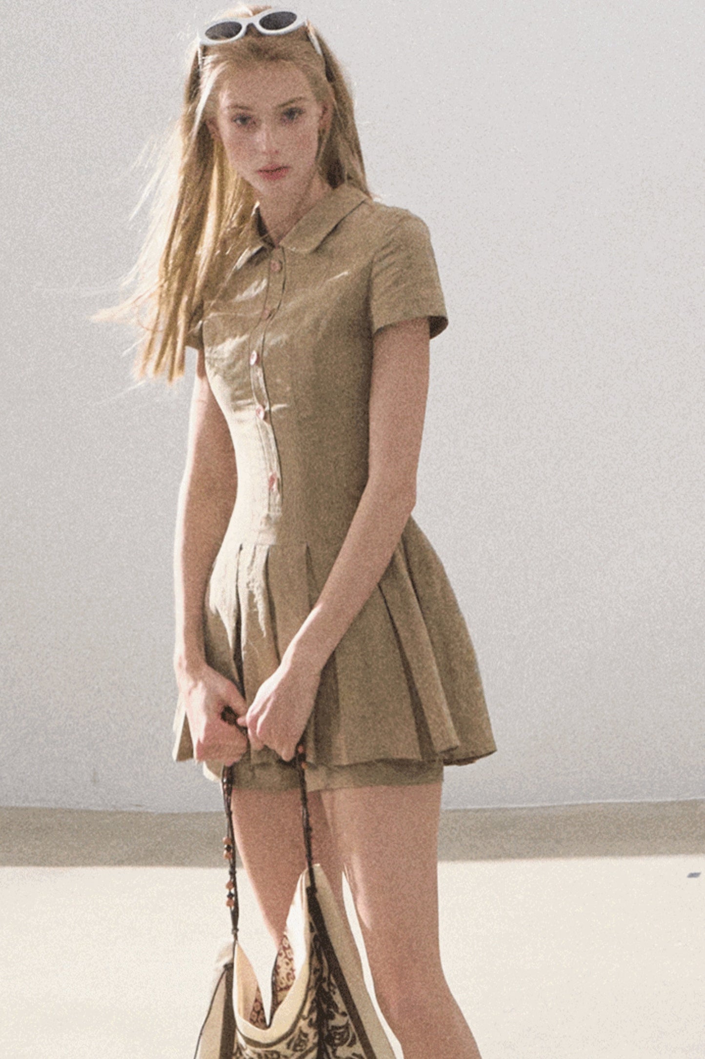 Pleated Textured Shirt Dress