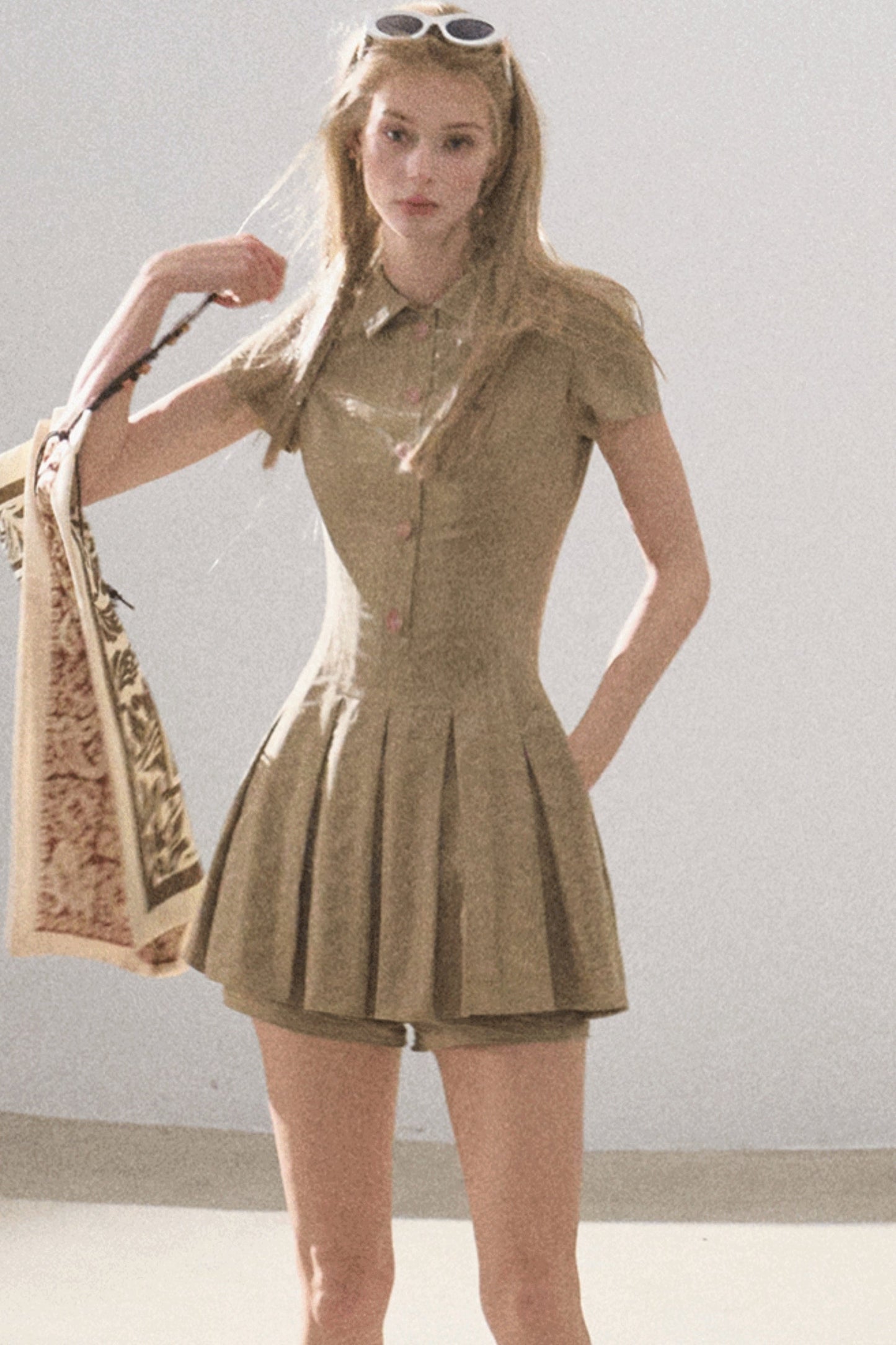 Pleated Textured Shirt Dress