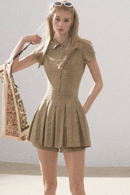 Pleated Textured Shirt Dress