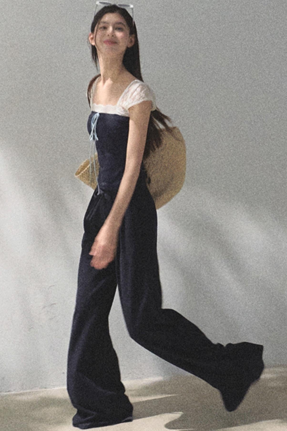 Lace-Up Top &amp; Wide Leg Pants Set-Up