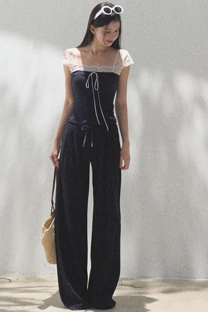 Lace-Up Top &amp; Wide Leg Pants Set-Up