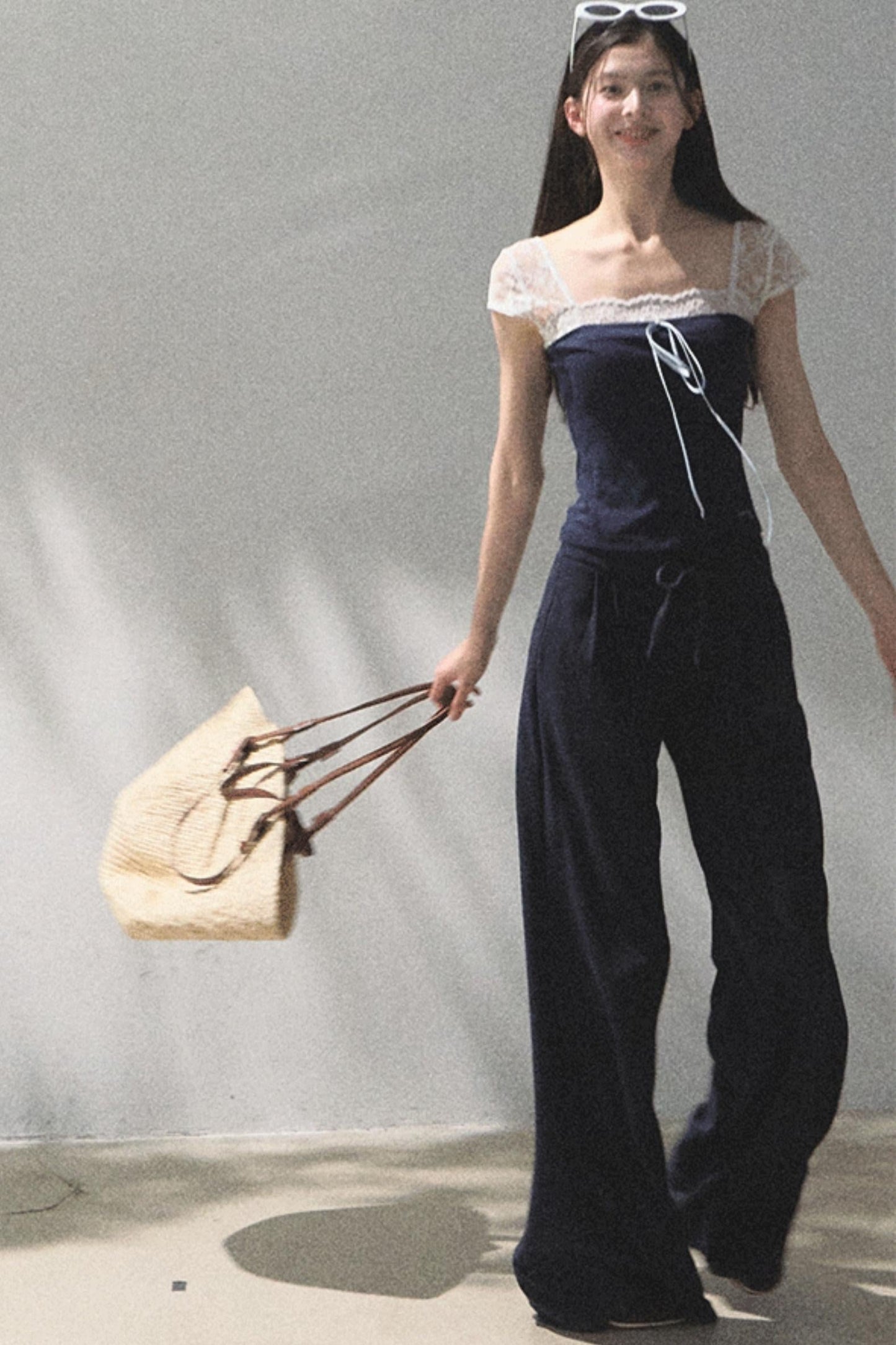 Lace-Up Top &amp; Wide Leg Pants Set-Up