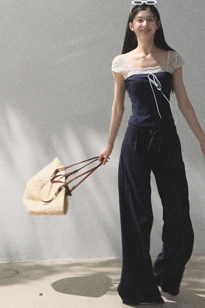 Lace-Up Top &amp; Wide Leg Pants Set-Up