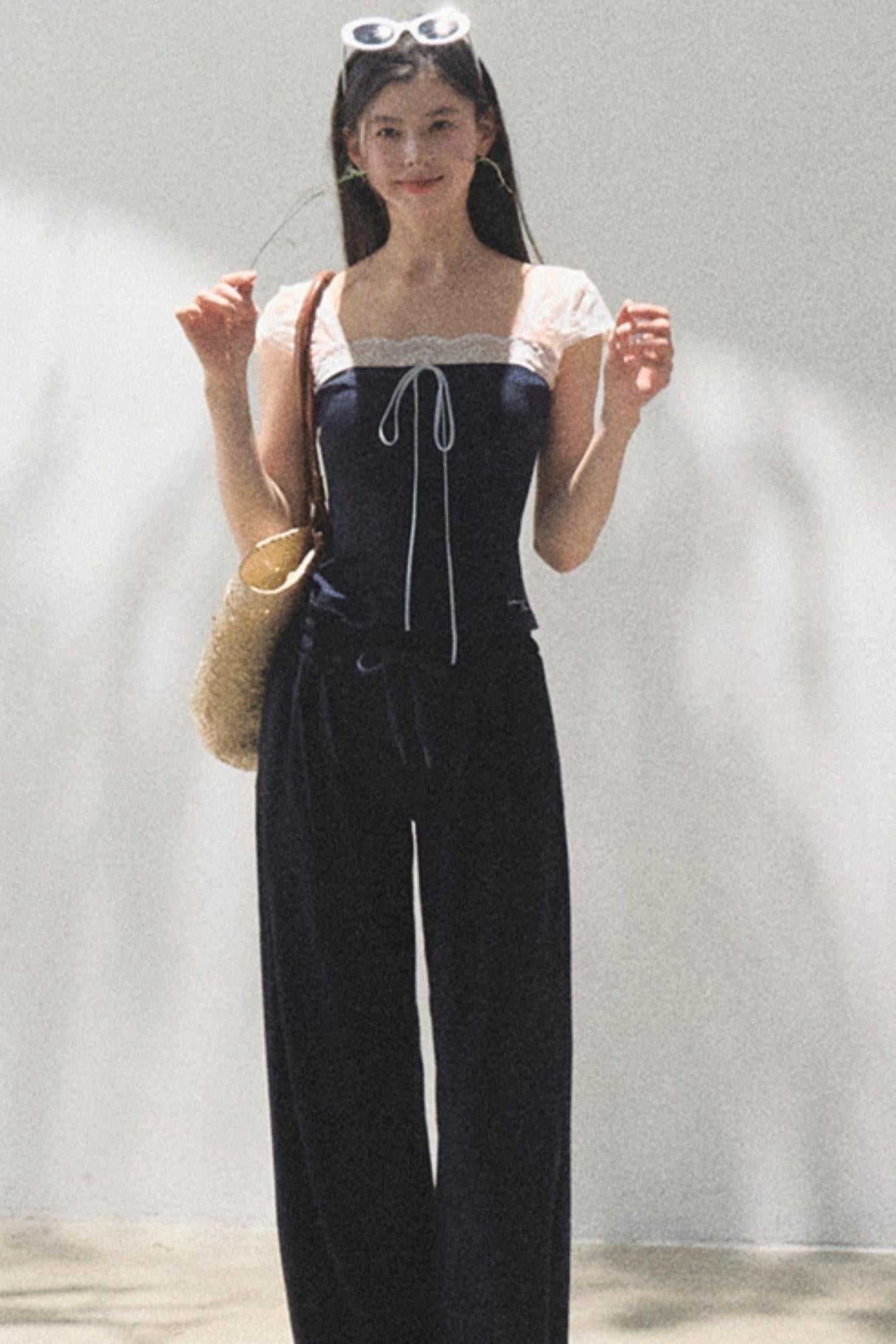 Lace-Up Top &amp; Wide Leg Pants Set-Up