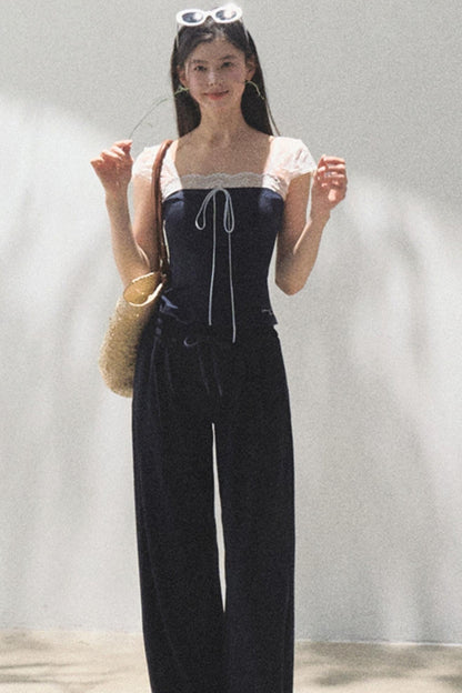 Lace-Up Top &amp; Wide Leg Pants Set-Up