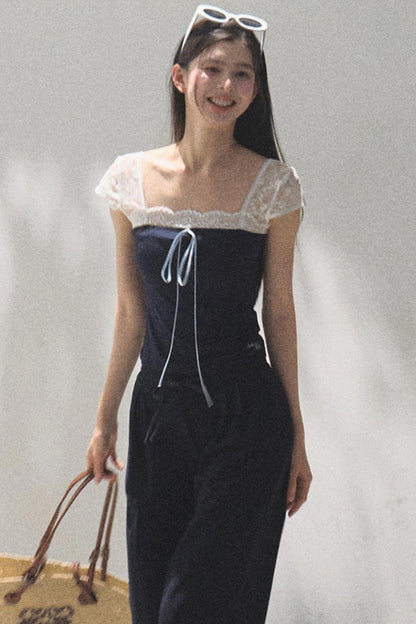 Lace-Up Top &amp; Wide Leg Pants Set-Up