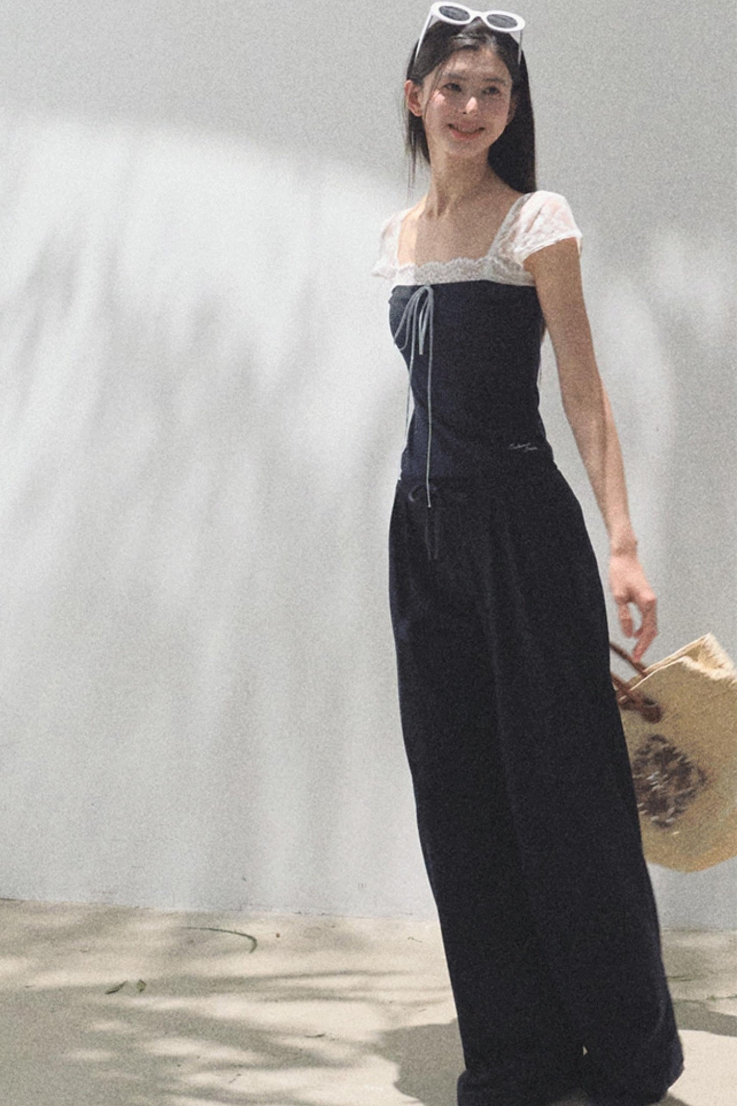 Lace-Up Top &amp; Wide Leg Pants Set-Up