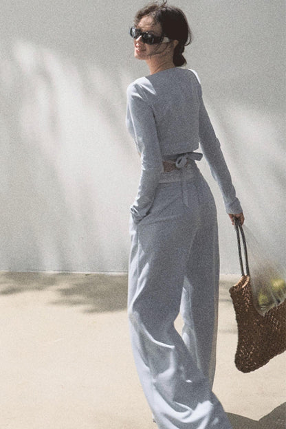 Lace-Up Top &amp; Wide Leg Pants Set-Up