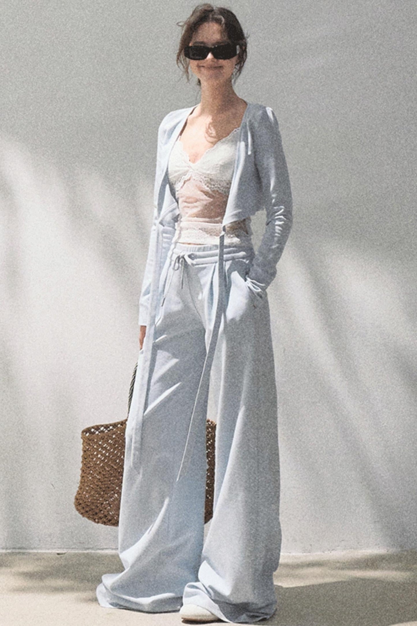 Lace-Up Top &amp; Wide Leg Pants Set-Up