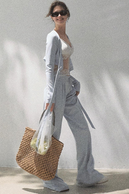 Lace-Up Top &amp; Wide Leg Pants Set-Up