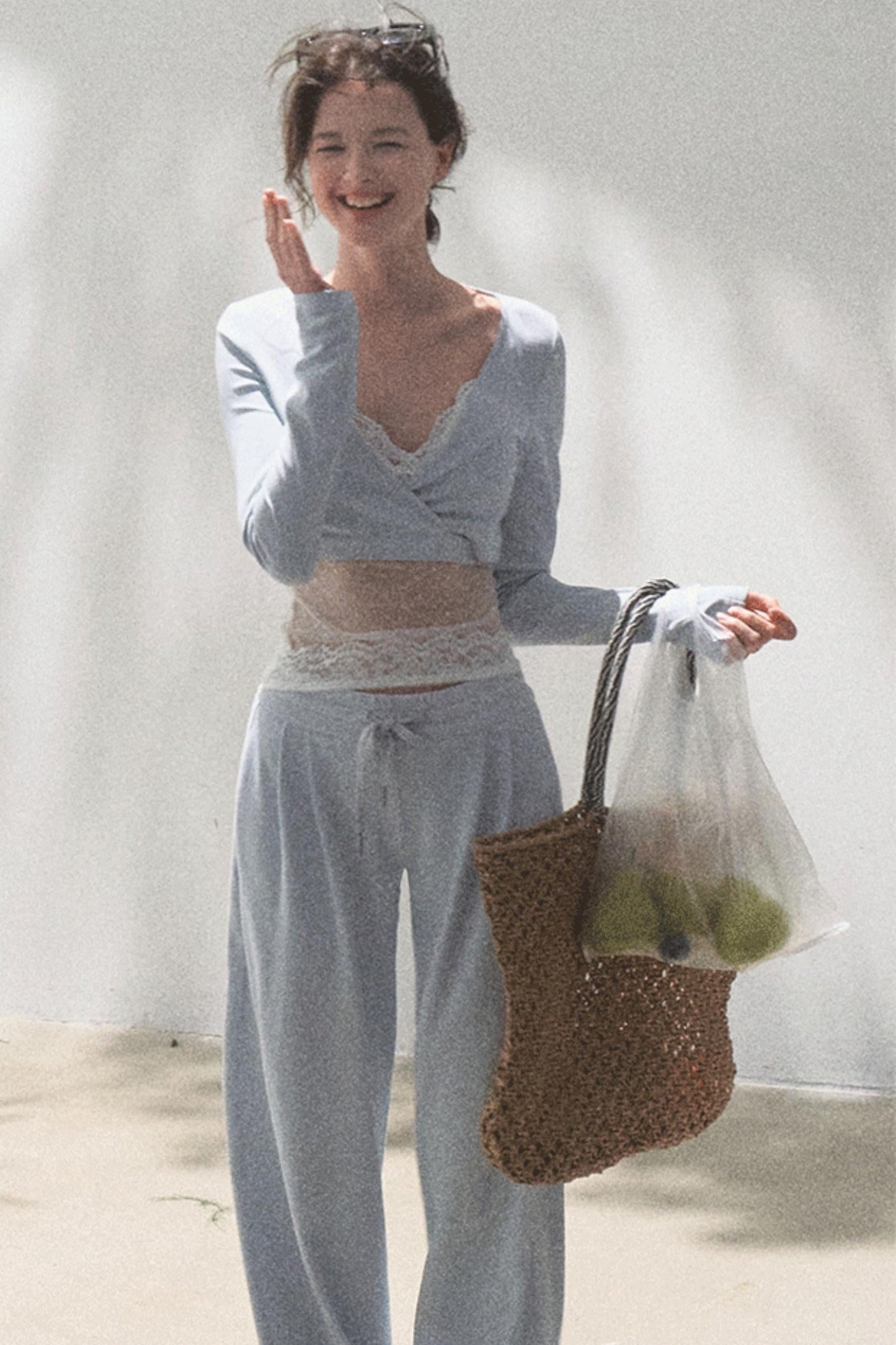 Lace-Up Top &amp; Wide Leg Pants Set-Up