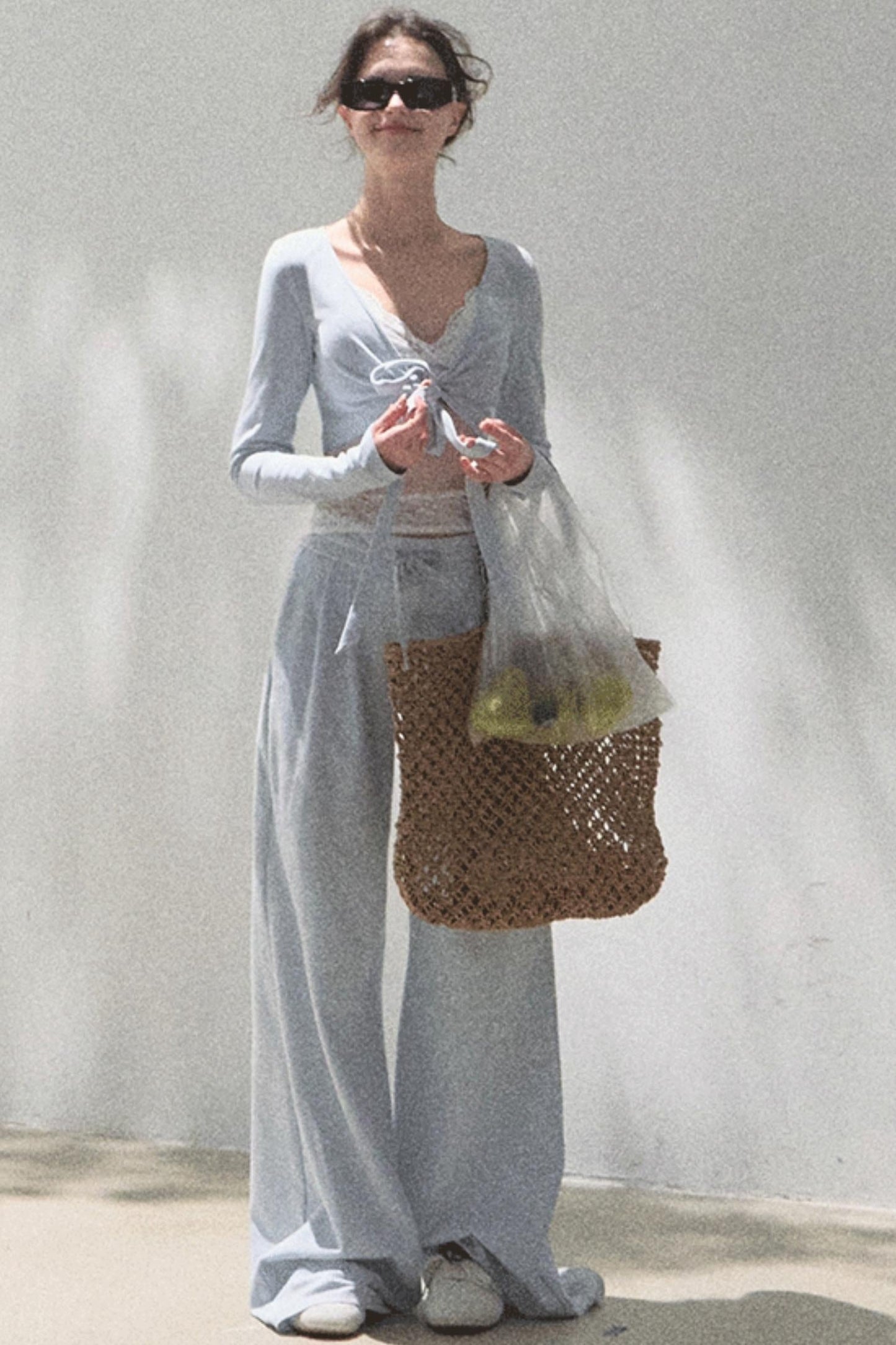 Lace-Up Top &amp; Wide Leg Pants Set-Up