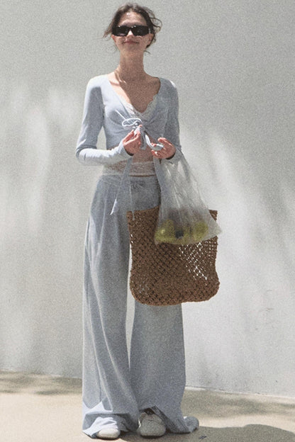 Lace-Up Top &amp; Wide Leg Pants Set-Up