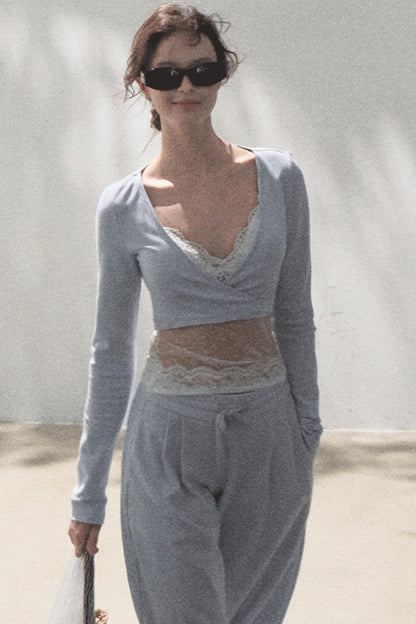 Lace-Up Top &amp; Wide Leg Pants Set-Up