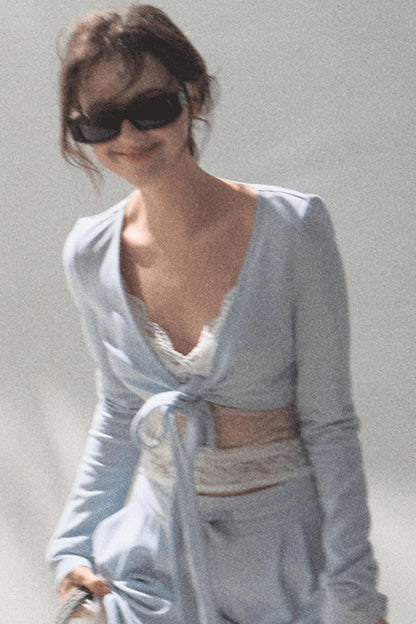 Lace-Up Top &amp; Wide Leg Pants Set-Up