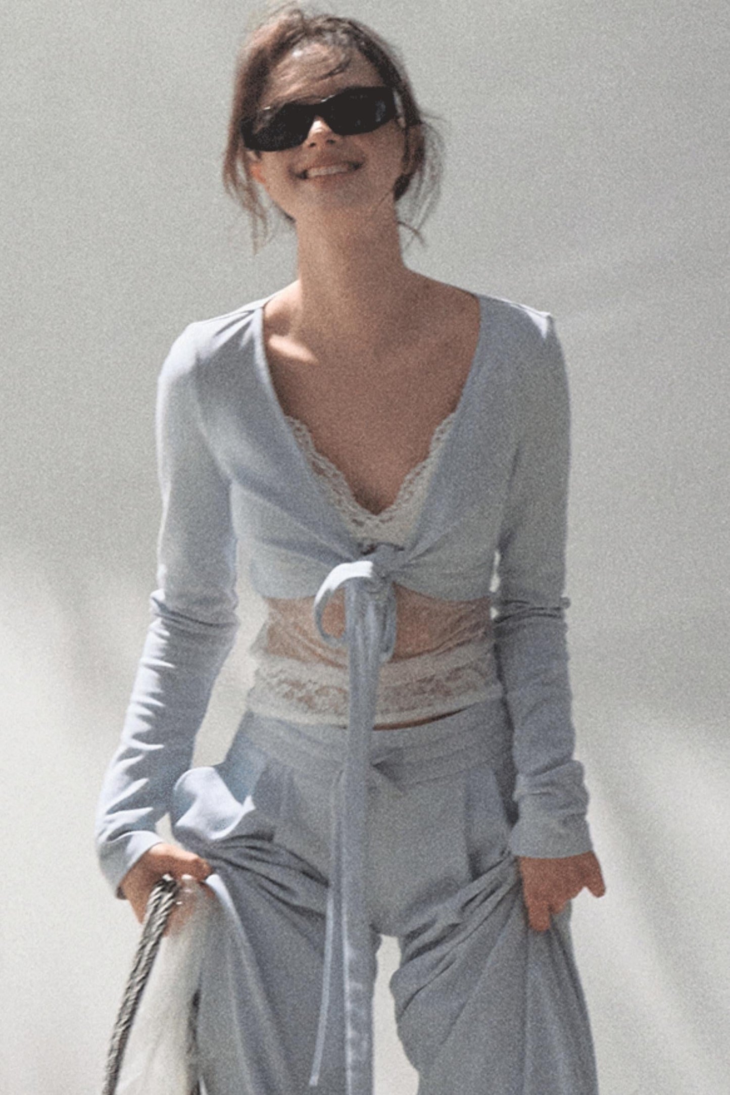 Lace-Up Top &amp; Wide Leg Pants Set-Up