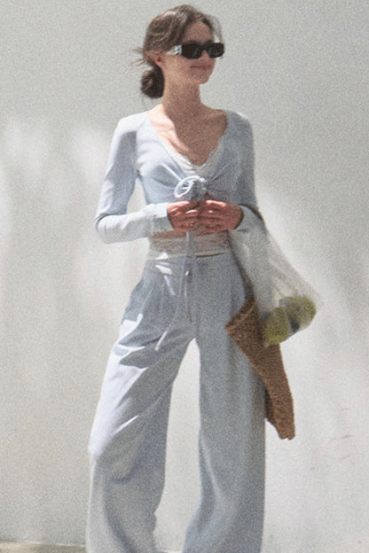 Lace-Up Top &amp; Wide Leg Pants Set-Up