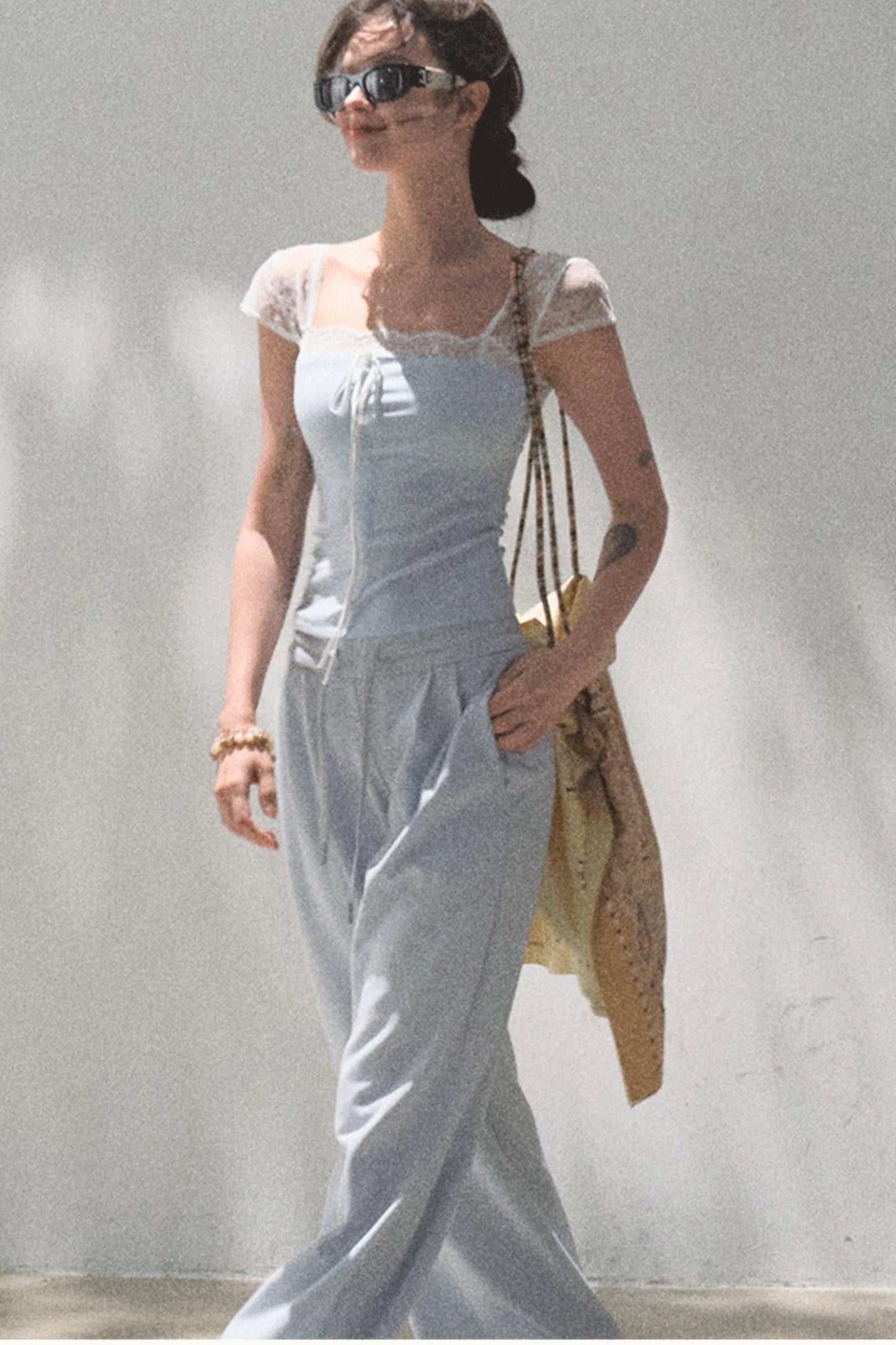 Lace-Up Top &amp; Wide Leg Pants Set-Up