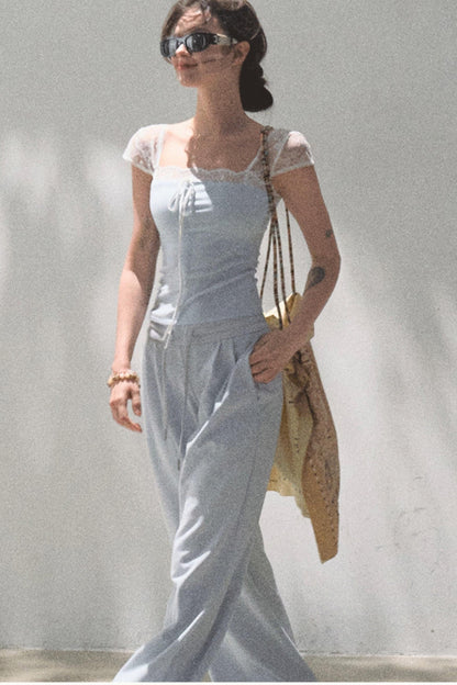 Lace-Up Top &amp; Wide Leg Pants Set-Up