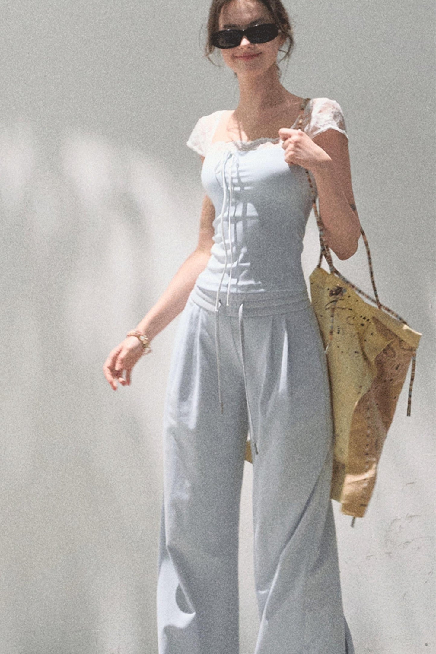 Lace-Up Top &amp; Wide Leg Pants Set-Up