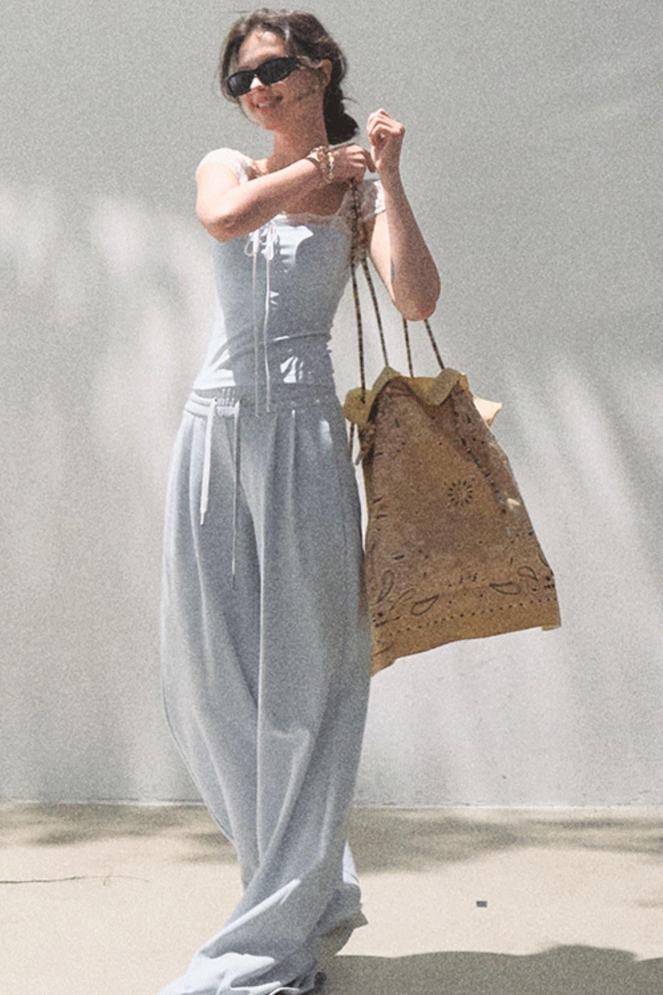 Lace-Up Top &amp; Wide Leg Pants Set-Up