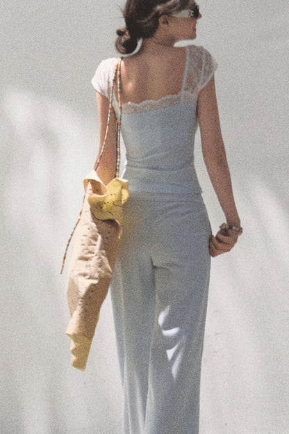 Lace-Up Top &amp; Wide Leg Pants Set-Up