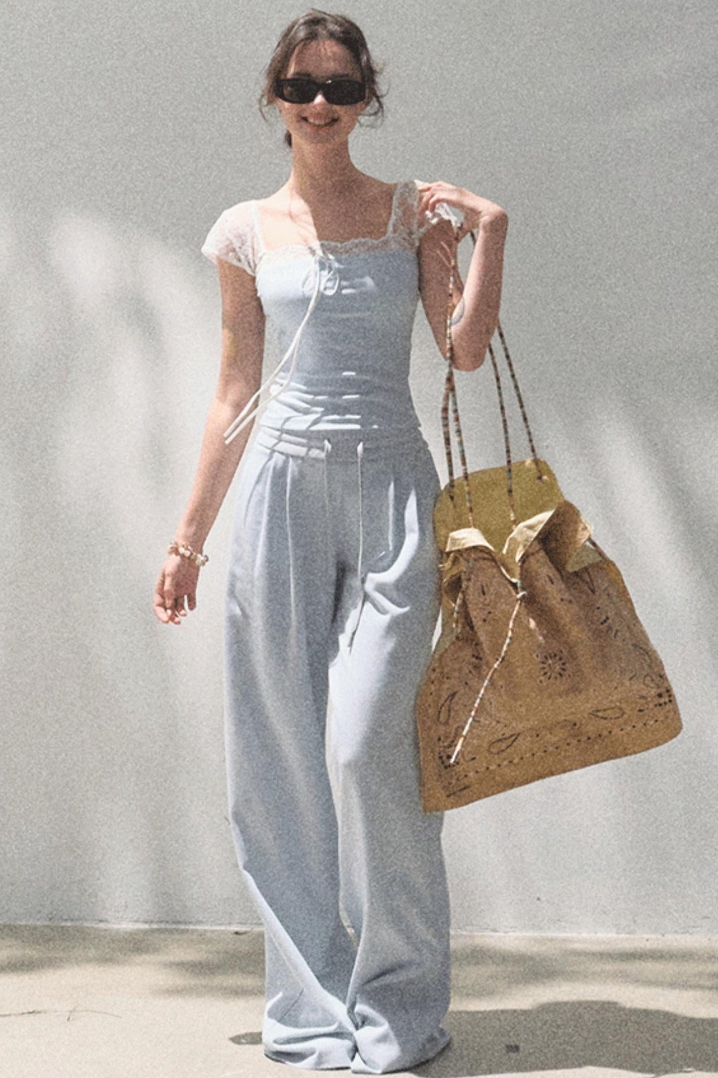 Lace-Up Top &amp; Wide Leg Pants Set-Up