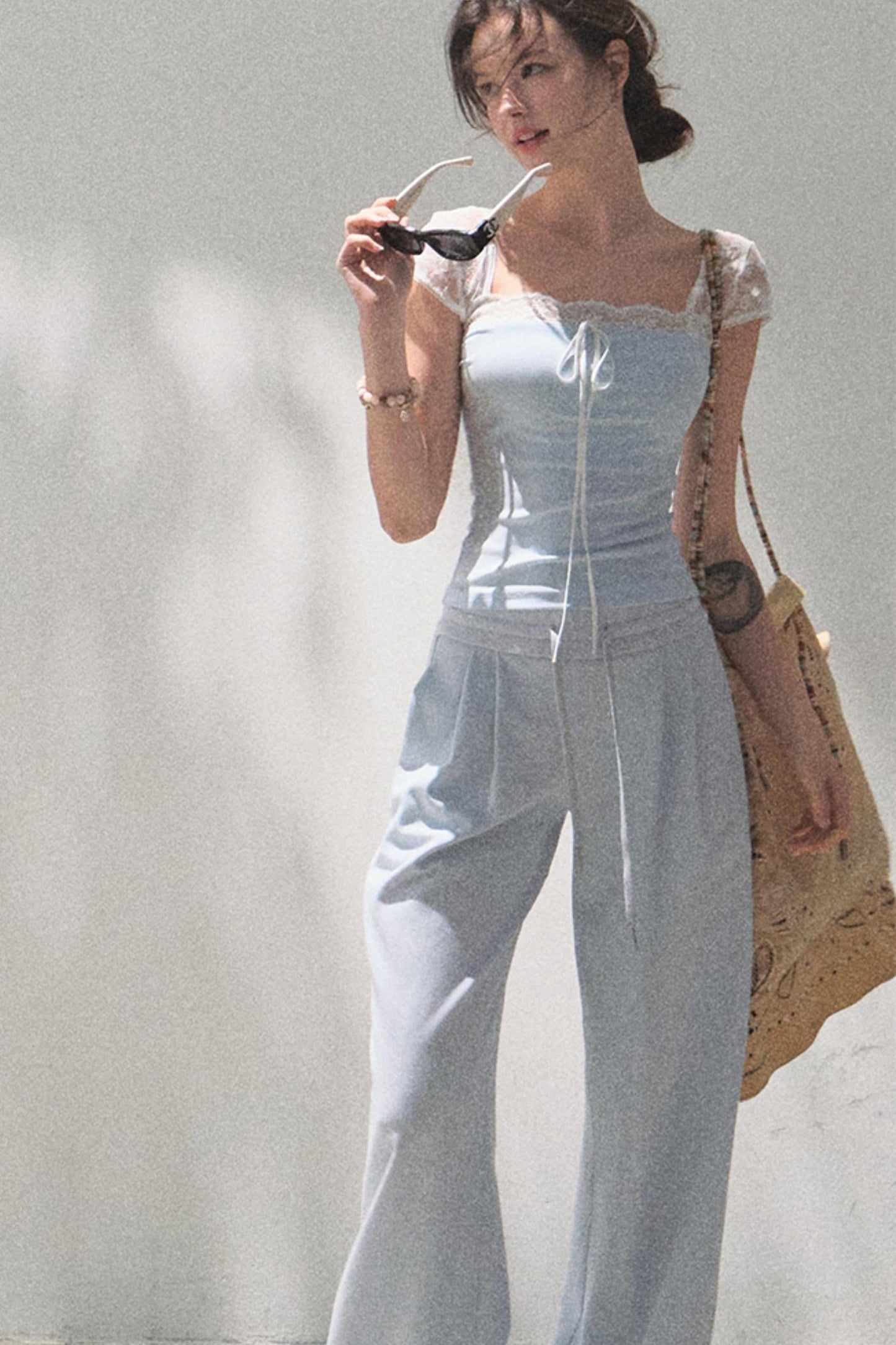 Lace-Up Top &amp; Wide Leg Pants Set-Up