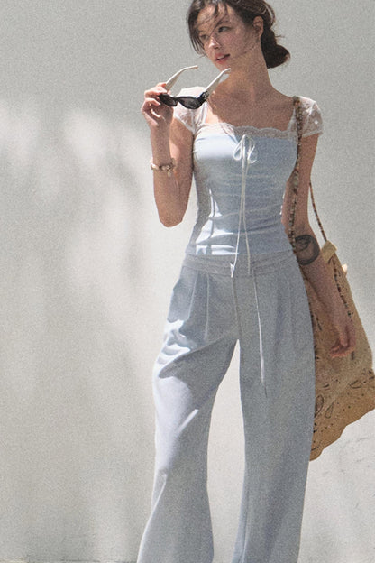 Lace-Up Top &amp; Wide Leg Pants Set-Up