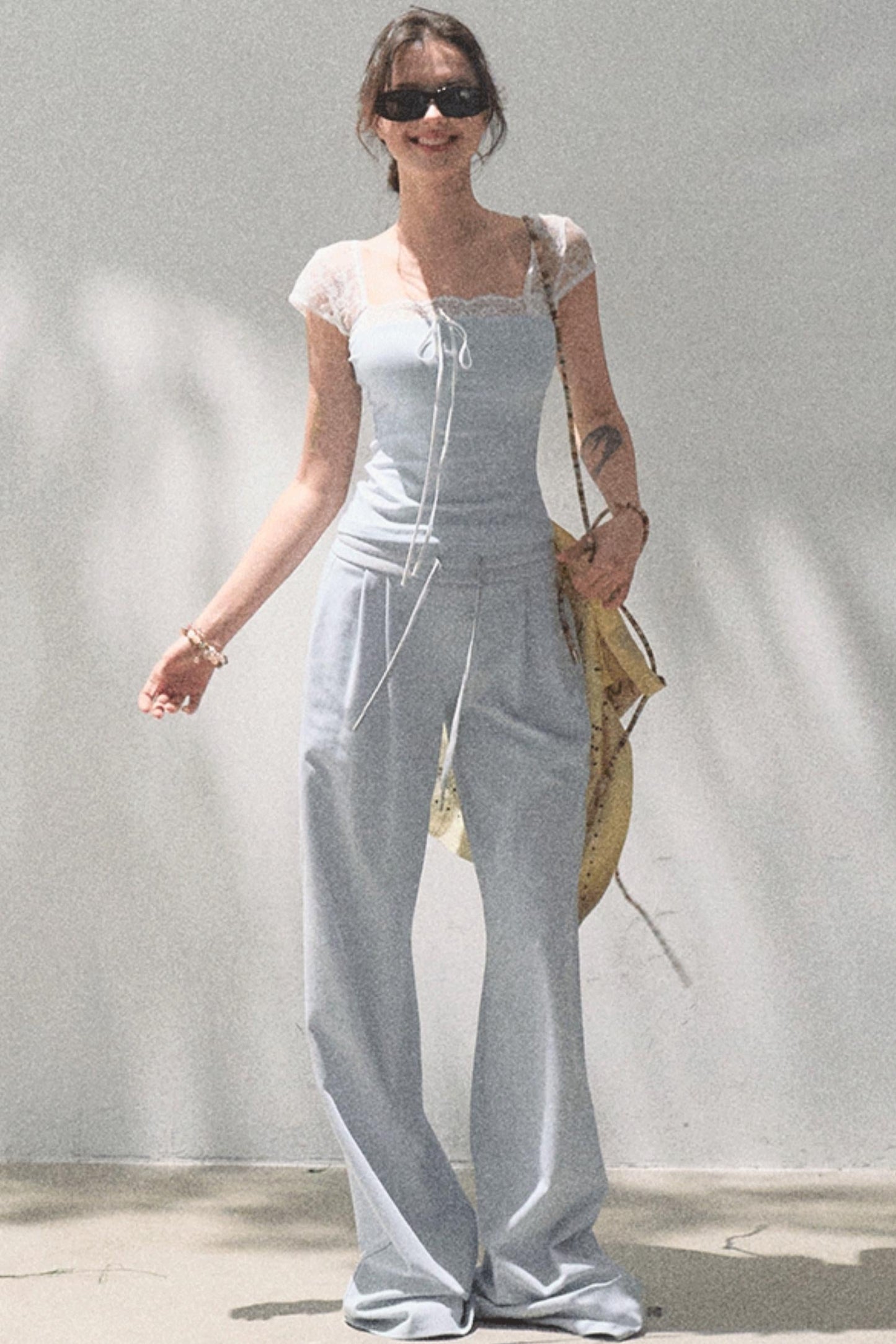 Lace-Up Top &amp; Wide Leg Pants Set-Up