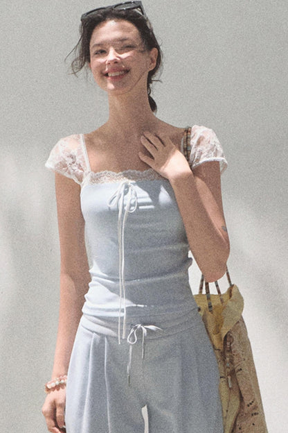 Lace-Up Top &amp; Wide Leg Pants Set-Up