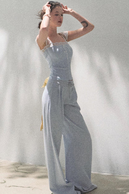 Lace-Up Top &amp; Wide Leg Pants Set-Up