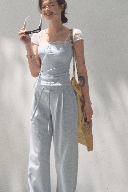Lace-Up Top &amp; Wide Leg Pants Set-Up
