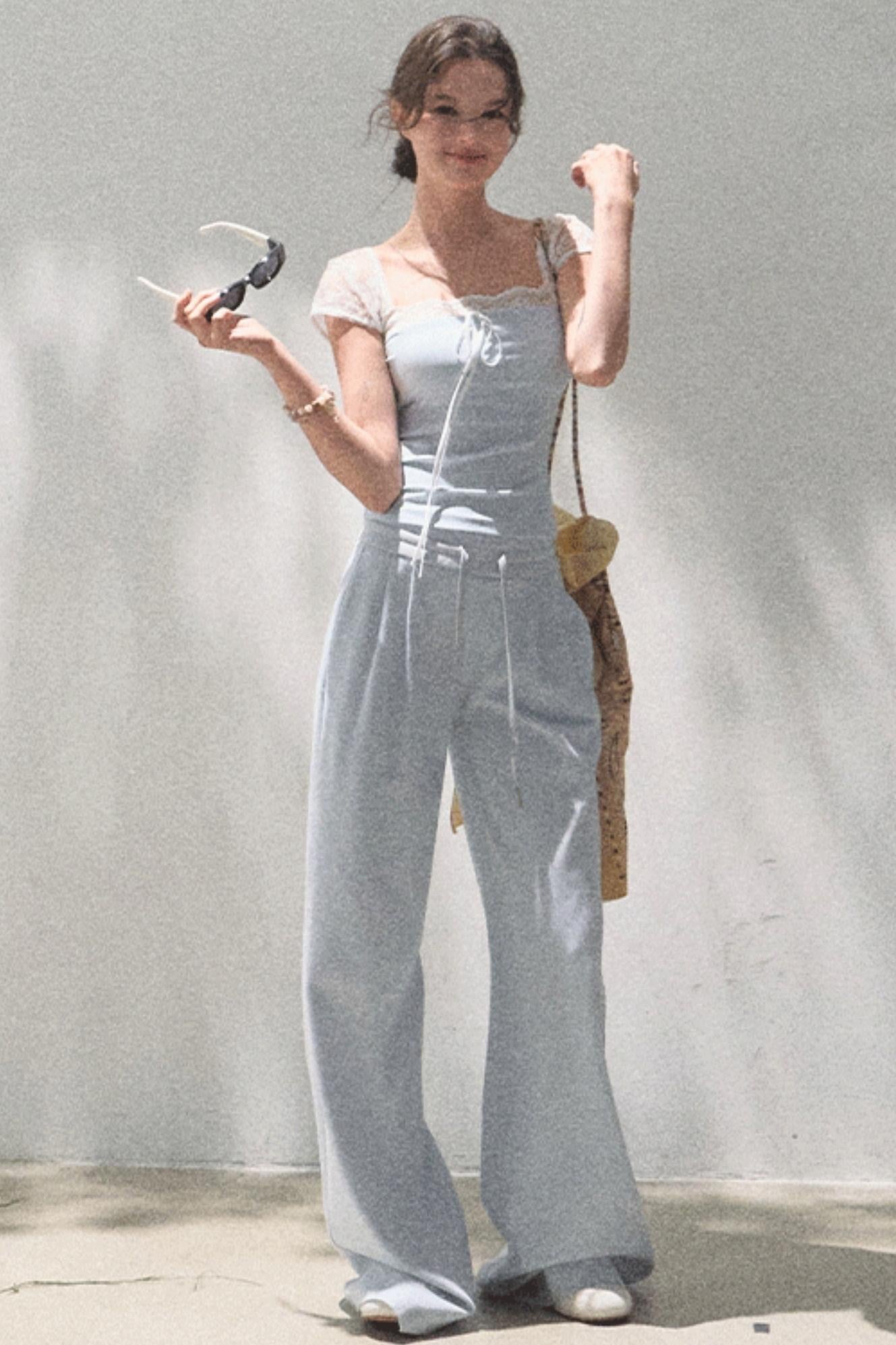 Lace-Up Top &amp; Wide Leg Pants Set-Up