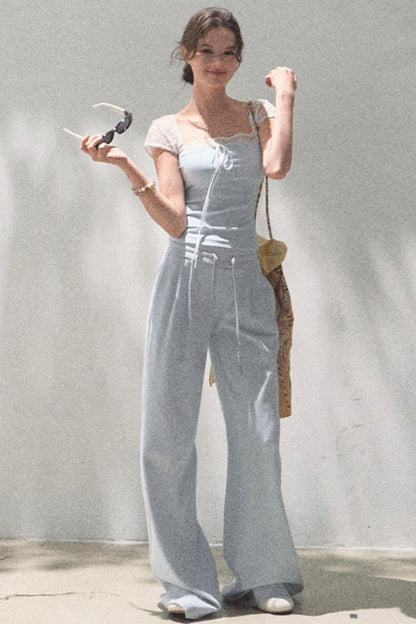 Lace-Up Top &amp; Wide Leg Pants Set-Up