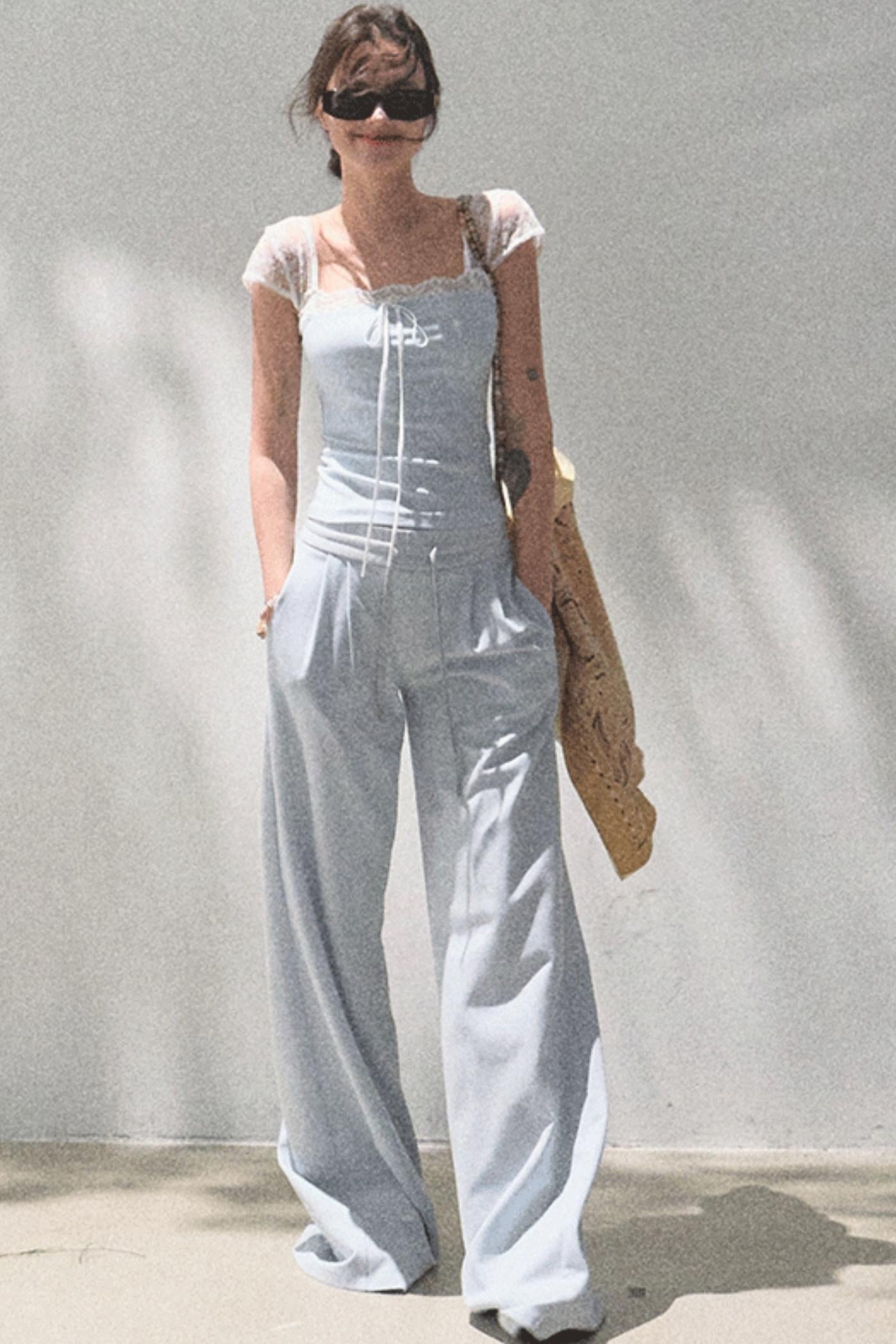 Lace-Up Top &amp; Wide Leg Pants Set-Up