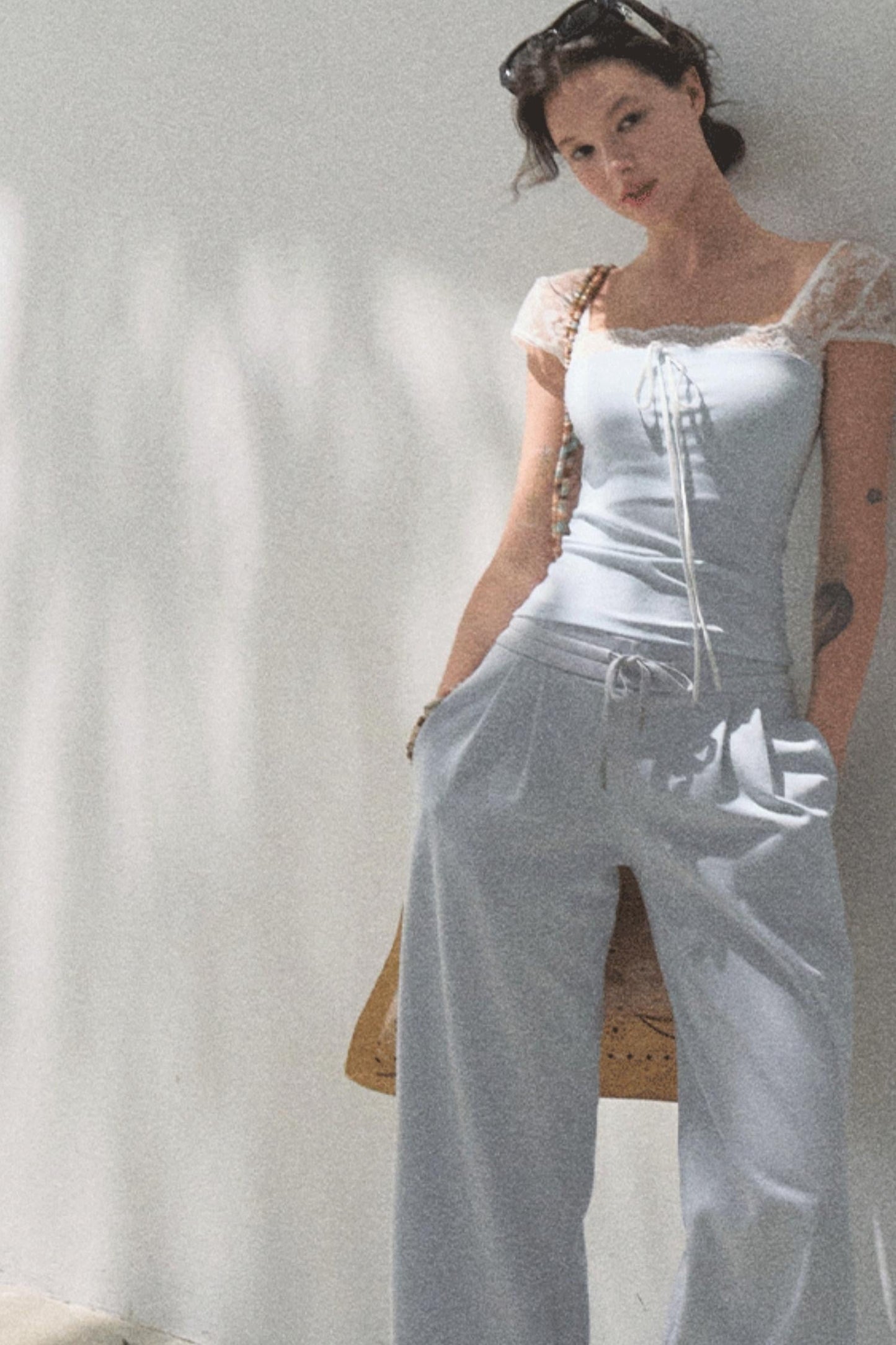 Lace-Up Top &amp; Wide Leg Pants Set-Up