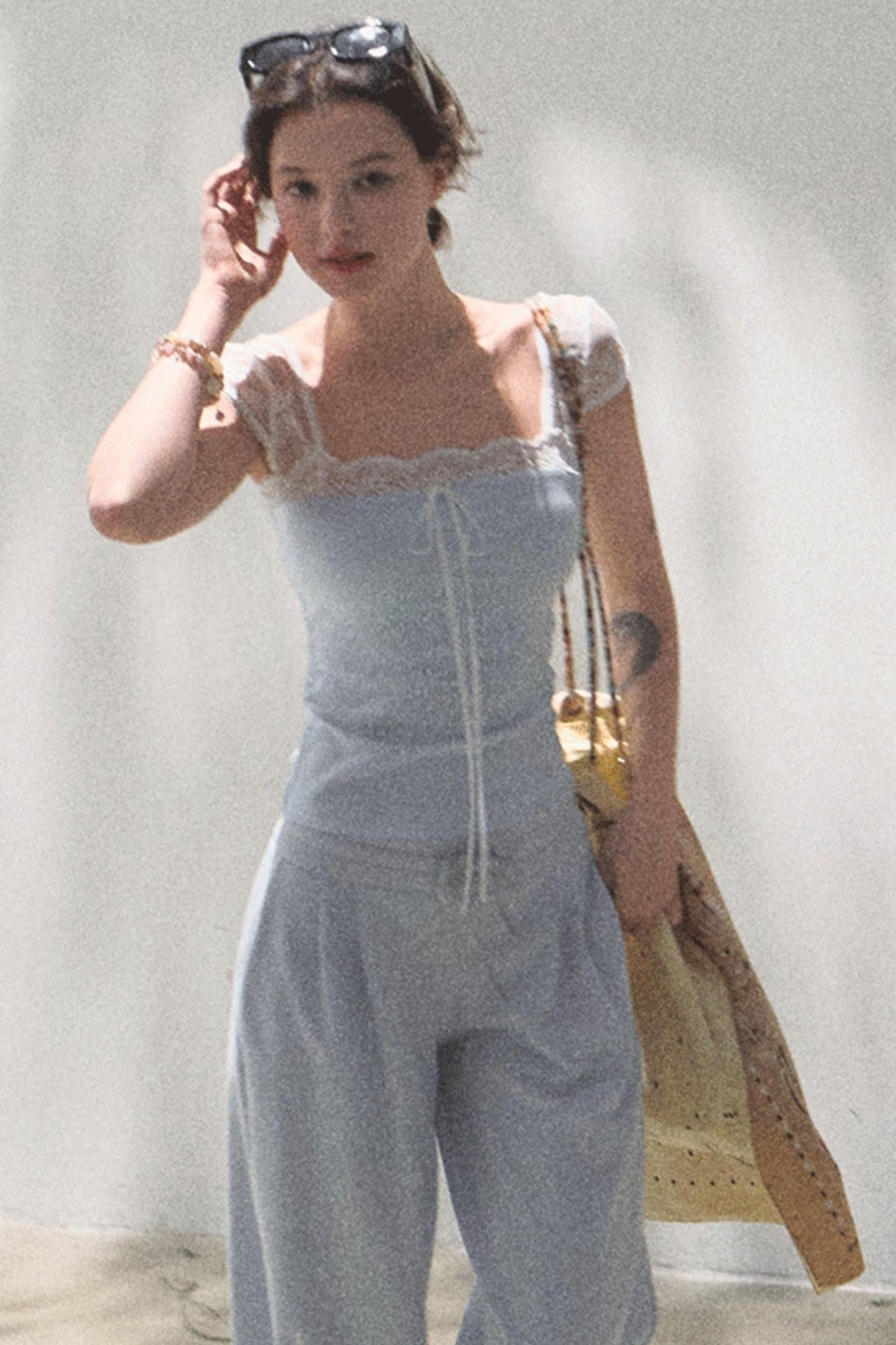 Lace-Up Top &amp; Wide Leg Pants Set-Up