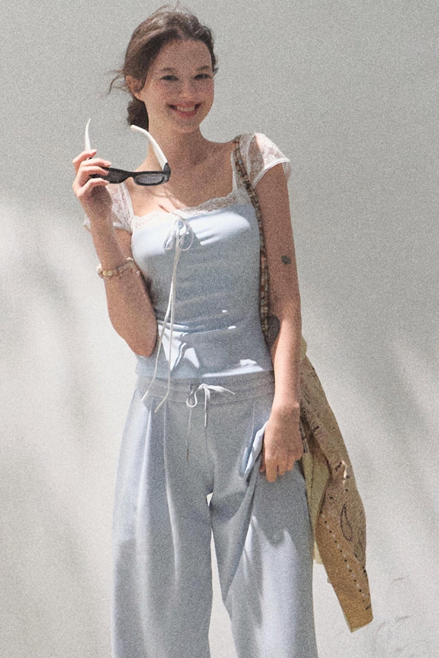 Lace-Up Top &amp; Wide Leg Pants Set-Up