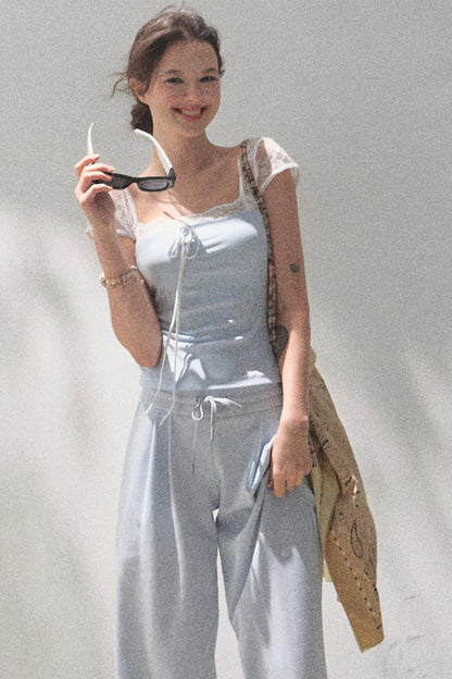 Lace-Up Top &amp; Wide Leg Pants Set-Up