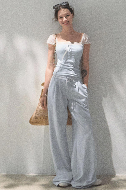 Lace-Up Top &amp; Wide Leg Pants Set-Up