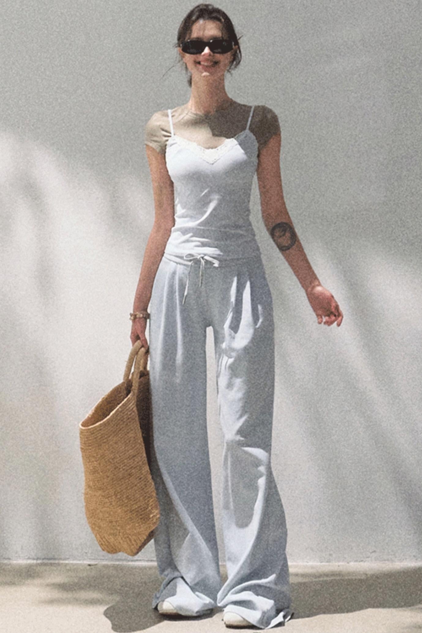 Lace-Up Top &amp; Wide Leg Pants Set-Up