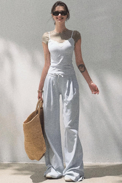 Lace-Up Top &amp; Wide Leg Pants Set-Up