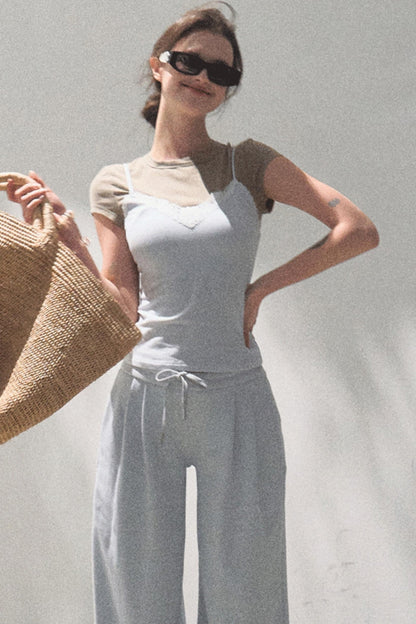 Lace-Up Top &amp; Wide Leg Pants Set-Up