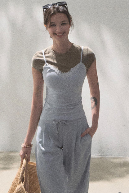 Lace-Up Top &amp; Wide Leg Pants Set-Up