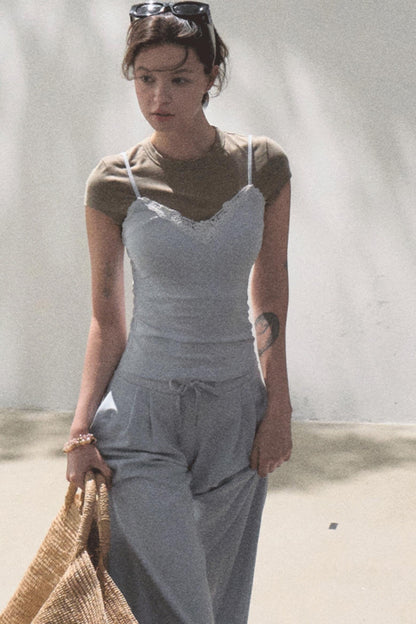 Lace-Up Top &amp; Wide Leg Pants Set-Up